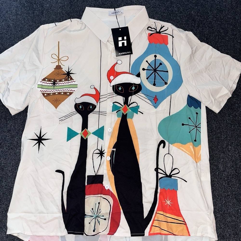New Hawalili Retro Christmas Cats Short Sleeve Button Up Polyester Shirt Mens XL